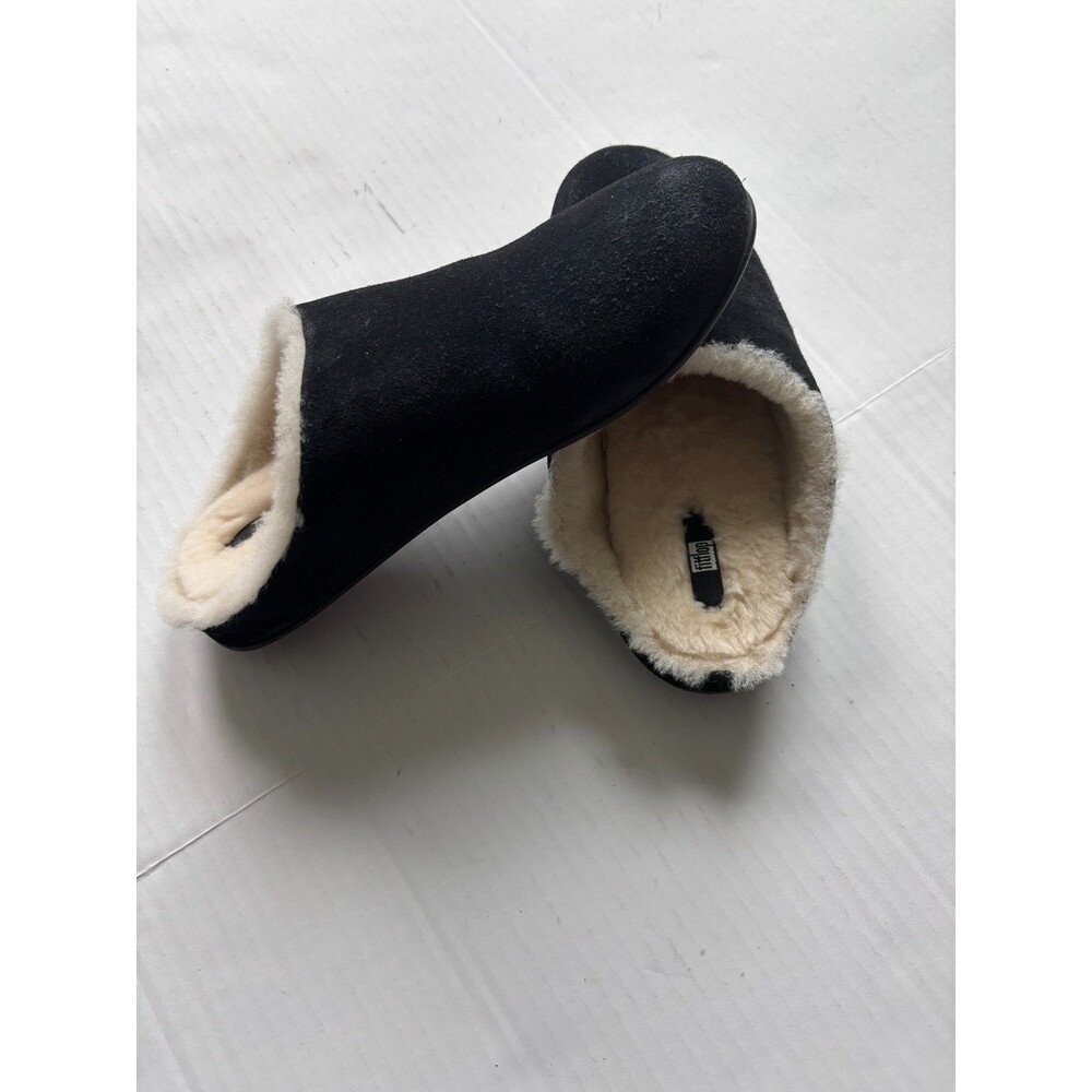 FitFlop Chrissie Shearling Slipper Mule Black Suede Womens Size 9 Cabin Chic - Picture 6 of 10